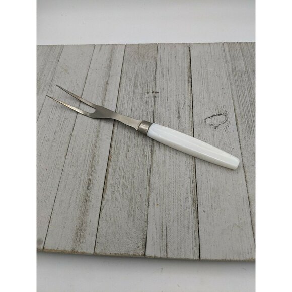 Vintage Metal Chrome Meat Utility Turning Fork 10" White Pearly Handle - Picture 1 of 8